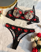 Sexy Floral Embroidered Lace See-through Mesh Underwire Lingerie Set