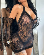 Deep V-neck Halter-neck Backless Floral Lace Sheer Bodycon Nightgown with Gloves