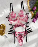 Sexy Deep V Colorblock Floral Embroidered Body-shaping See-through Lingerie and Garter Belt Set