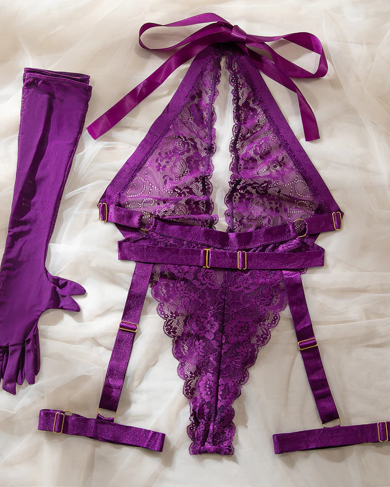 Deep V-neck Halter Neck Lace Sheer Bodysuit