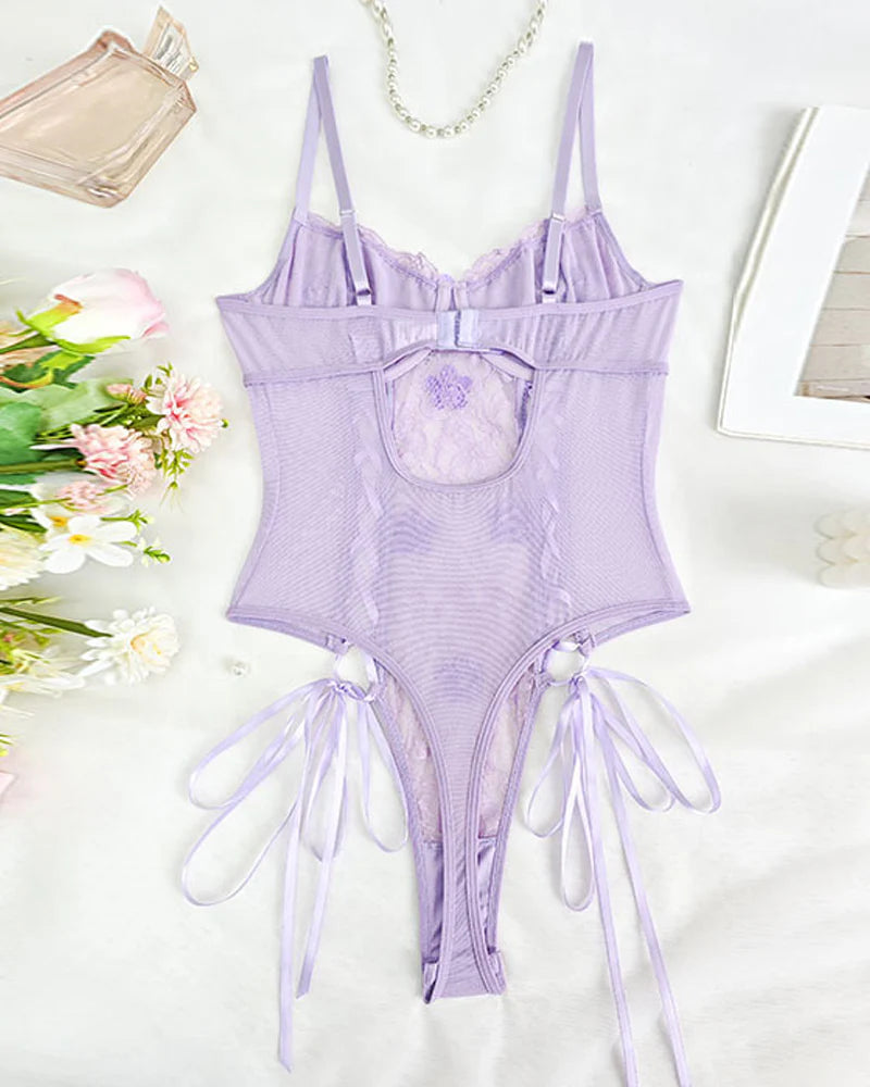 Deep V-neck Mesh Panel Halter Neck Open Back Bodysuit Lingerie