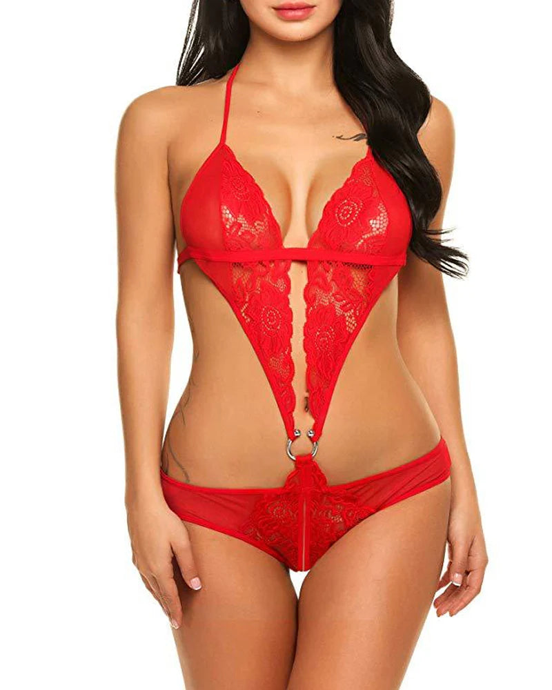 Lace Sheer Abdominal Ring Closure Open Crotch Bodysuit