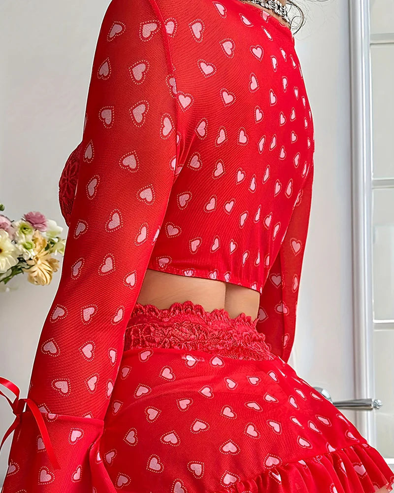 Sexy Heart-print Front-clasp Bra Long-sleeved Top and Skirt Lingerie Set