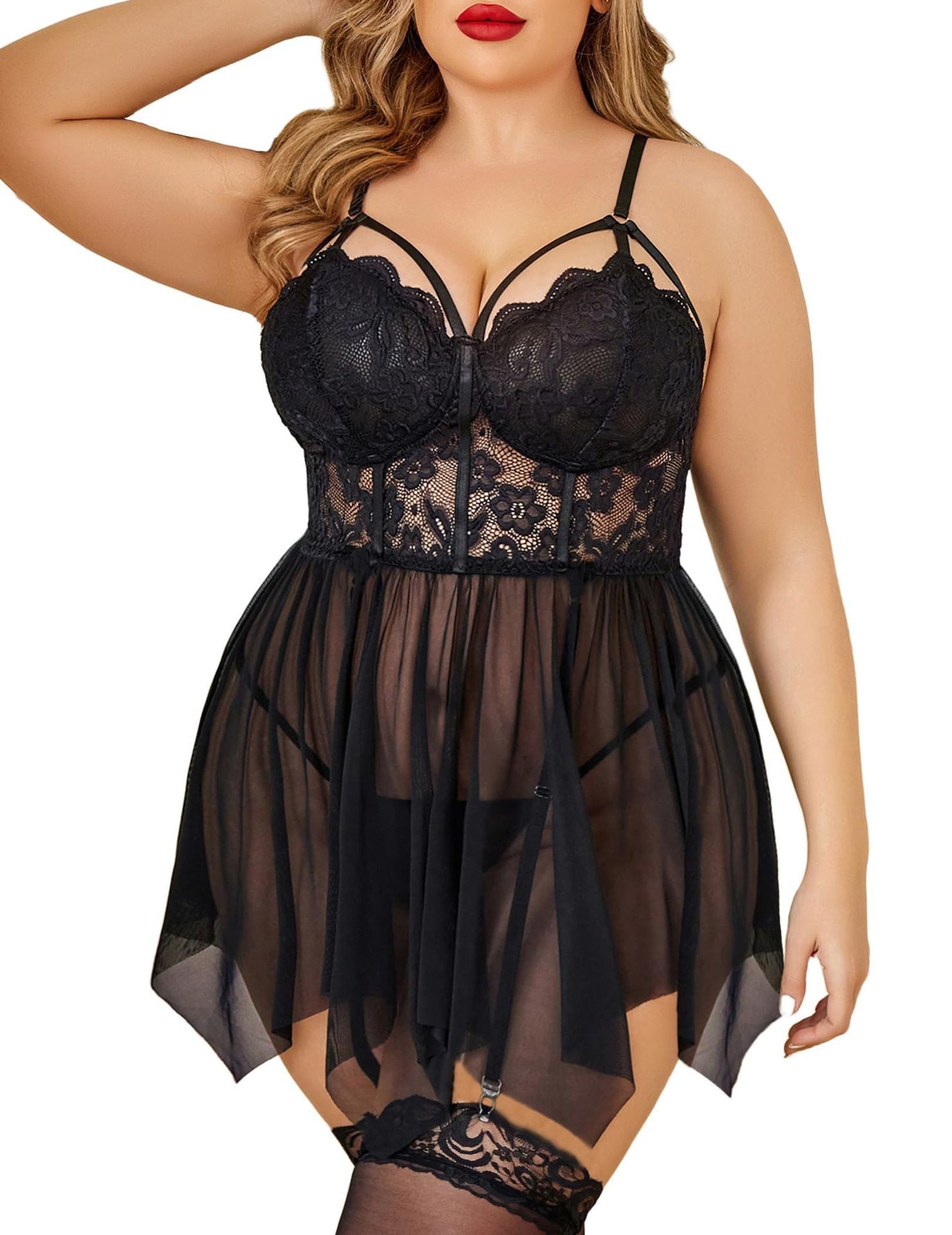 Plus Size Lace Mesh Babydoll Chemise with Asymmetrical Hem