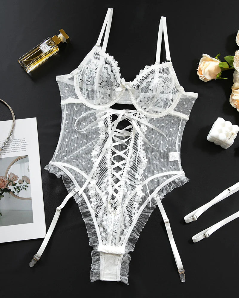 Floral Polka Dot Lace Cutout Camisole Bodysuit