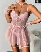 Sexy Lace Sheer Mesh Chemise and Thong Lingerie Set