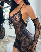 Deep V-neck Halter-neck Backless Floral Lace Sheer Bodycon Nightgown with Gloves