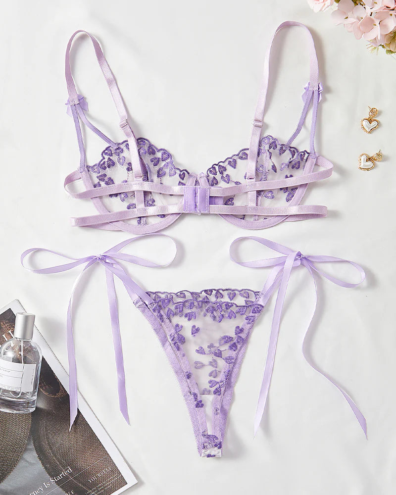 Sexy Sheer Mesh Heart-shaped Embroidery Underwire Lingerie Set