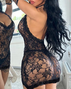 Deep V-neck Halter-neck Backless Floral Lace Sheer Bodycon Nightgown with Gloves