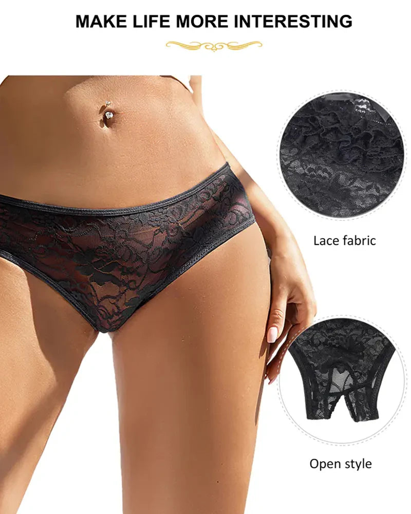 Women's Sexy See-Through Lace Elastic Breathable Open Crotch Thong