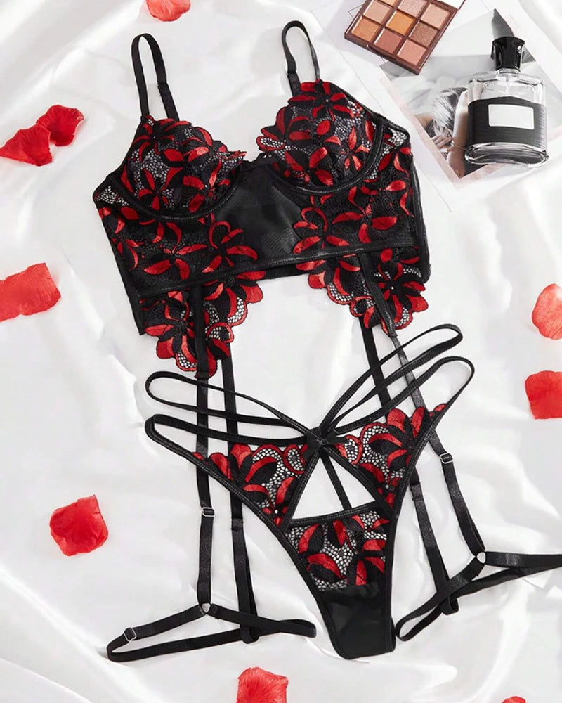 Sexy Floral Embroidered Colorblock Lingerie Set