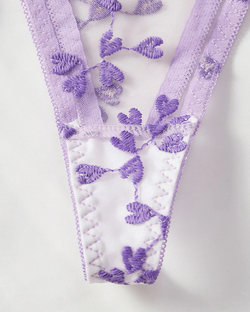 Sexy Sheer Mesh Heart-shaped Embroidery Underwire Lingerie Set