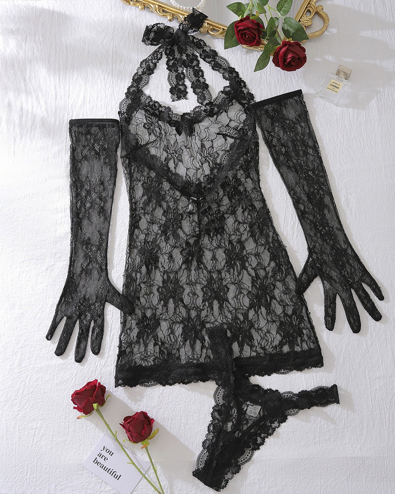 Deep V-neck Halter-neck Backless Floral Lace Sheer Bodycon Nightgown with Gloves