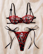 Sexy Sheer Mesh Heart-shaped Embroidery Underwire Lingerie Set