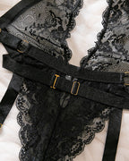 Deep V-neck Halter Neck Lace Sheer Bodysuit