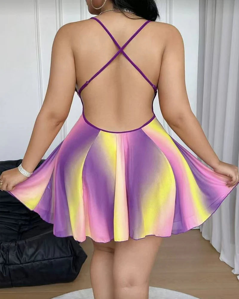 Plus Size Sexy V-Neck Colorful Embroidered Floral Backless Camisole Nightgown