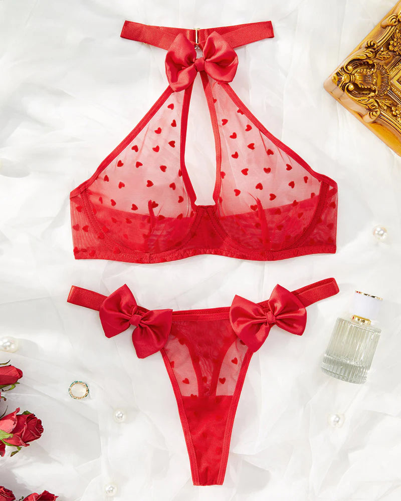 Sexy Halter-neck Heart-shaped Sheer Mesh Bowknot Decoration Lingerie Set