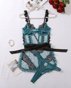 Sexy Colorblock Lace See-through Mesh Backless Lingerie Set