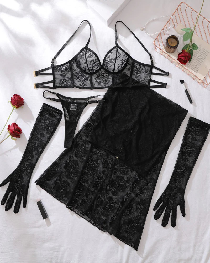 Sexy Lace Body-shaping Lingerie and Maxi Dress Set with Gloves