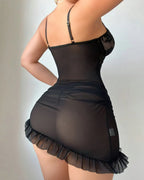 Foral Lace Ruffled Hem Mesh Sheer Camisole Nightgown