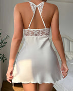 Satin Lace Patchwork Deep V-neck Backless Babydoll