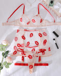 Sexy See-through Mesh Red Lips Embroidered Lingerie Set