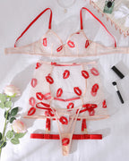 Sexy See-through Mesh Red Lips Embroidered Lingerie Set