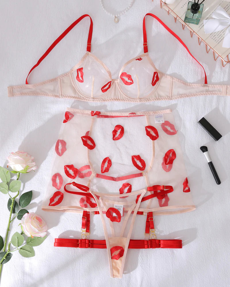 Sexy See-through Mesh Red Lips Embroidered Lingerie Set
