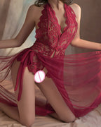 Lace Halter-neck Bodysuit and Mesh Sheer Long Cover-up Set